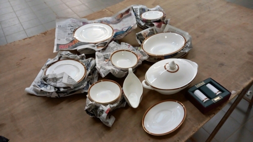 M&S Connaught design fine bone china dinner service, dishwasher safe, 8 each dinner plates, dessert plates, pudding bowls, side plates. Carving plate, 2 veg dishes, lidded veg dish, gravy boat, salt and pepper