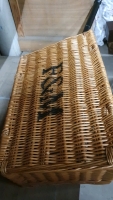 Wicker basket, brass bed pan, mirror and teddy