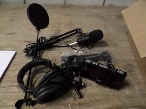 Microphone, Audio-Technica headphones, Bush LED alarm clock radio
