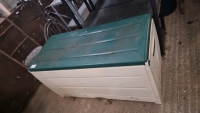 Plastic garden storage box, plastic buckets , galvanised, buckets and sack cart