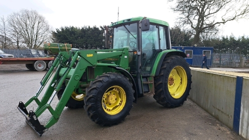 John Deere 6300 4wd tractor c/w loader, 3rd service and Euro 8 headstock, 40kph, 6720 hours, L-reg