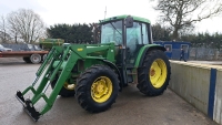 John Deere 6300 4wd tractor c/w loader, 3rd service and Euro 8 headstock, 40kph, 6720 hours, L-reg