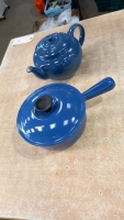 18" blue Le Creuset pan and Le Creuset teapot