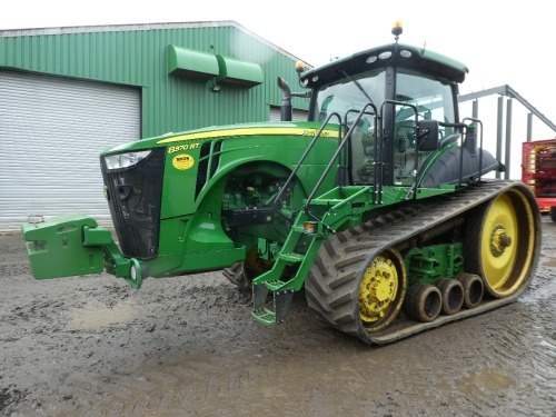 John Deere 8370RT twin tracked tractor, 42kph autopower transmission, 30" tracks, 5 electric spools, premium lights, premium cab, Autotrac, 4600 Command Arm display c/w activation, 4350 hrs, YY15 ELJ