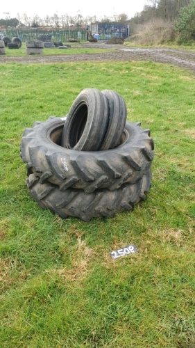 Massey 135 front and rear tyres, 2 x Goodyear Super Rib 6/16 with one inner tube, 2 x Dunlop Fieldmaster 12.4/11/28 with 2 inner tubes