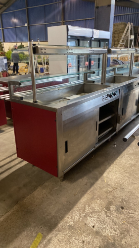 5ft stainless steel hot food bain marie servery unit c/w glass canopy, sneeze guard and tray rails