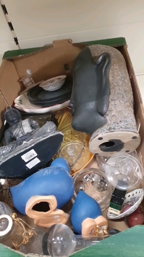 3 x boxes of ornaments, glassware, Buddha items, oil lamp, funnels and shades