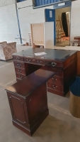 Vintage blue leather top captains desk with side desk and drawers