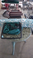 Plastic garden storage box, plastic table and folding chairs