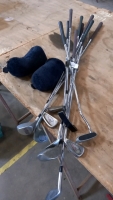 Wilson golf clubs 5 & 3 wood, Jumbo driver, 6 irons, Donnay series 6 putter, Tilteist putter and 3 wood head covers