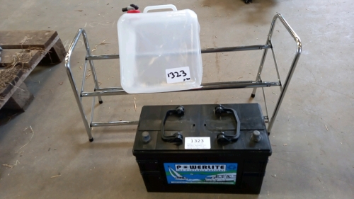 Powerlite leisure battery designed for caravans and boats, fully charged. Small fresh water carrier. 2-tier extending shoe rack