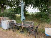 Cast iron and wood table, one double seat, 2 chairs