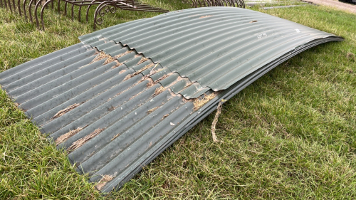 Approx 12 curved Dutch barn roof sheets, plastic coated corrugated steel