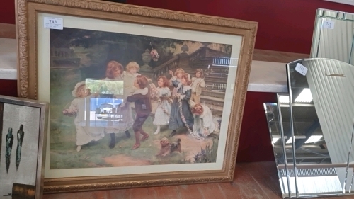 Large gold frame print by Arthur J.Elsley 1860-1952, Baby's Birthday, 1902