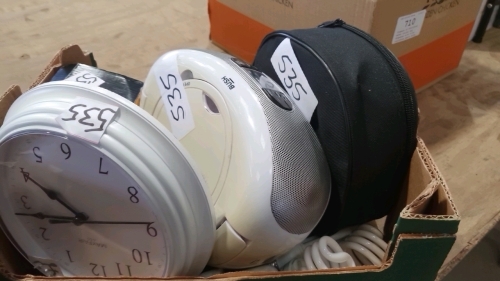 Bush radio/CD player, air compressors, new boxed i7 earbuds, digital clock etc