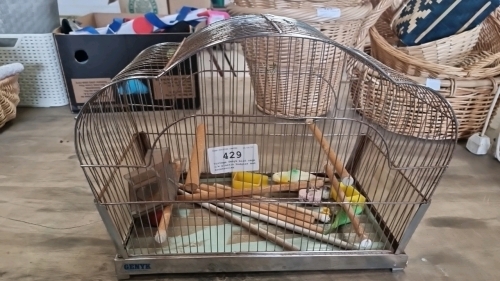 Vintage Genyk bird cage c/w plastic budgies and accessories
