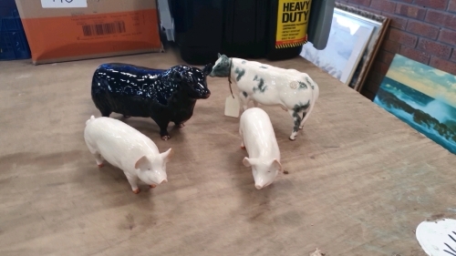 Beswick Aberdeen Angus bull, 2 pigs, Wall Queen and Wall Boy, Border Fine Arts Belgian Blue cow