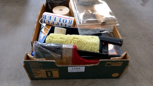 2 x paint trays with rollers and pile sleeves, 6" paintbrush, long pile roller sleeve, 4 reels plasterboard joint tape, spiked wallpaper puncturing roller, traditional paint kettle