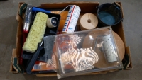 2 x paint trays with rollers and pile sleeves, 6" paintbrush, long pile roller sleeve, 4 reels plasterboard joint tape, spiked wallpaper puncturing roller, traditional paint kettle - 2