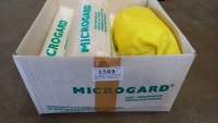 6 x white XL microguard protective suits, 6 x pairs shoe coveralls
