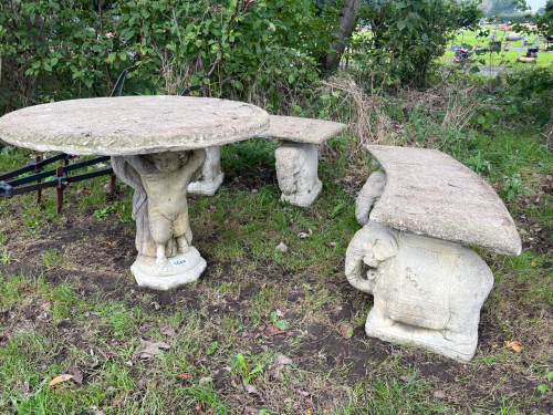 Garden concrete table with elephant ornament benches