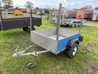 5x4 car trailer, full galvanised frame and chassis. New tyres, ladder rack front and back. Tongue and groove boards on the sides covered with tin sheets. Buffalo board floor with aluminium chequer plate - 2