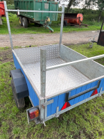 5x4 car trailer, full galvanised frame and chassis. New tyres, ladder rack front and back. Tongue and groove boards on the sides covered with tin sheets. Buffalo board floor with aluminium chequer plate - 3