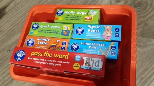 Box of Orchard toys/games spotty dogs, jungle Lotto,Pigs in pants, Quack quack , pass the word, Alphabet pairs