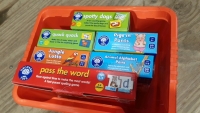 Box of Orchard toys/games spotty dogs, jungle Lotto,Pigs in pants, Quack quack , pass the word, Alphabet pairs