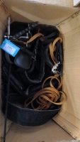 Pony carriage driving harness including bridle with blinkers and traces. Synthetic, leather and webbing. Also under bridle synthetic headcollar and driving whip