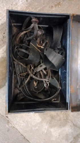 Ex riding school vintage lockable tack box with mixed English tack