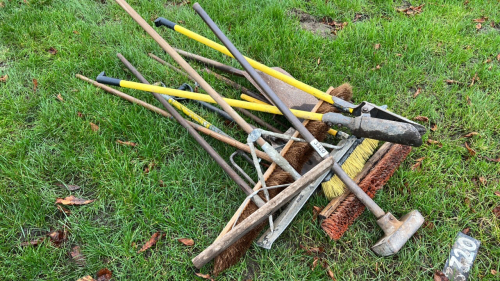 Fencing and groundwork tools, posthole digger, metal tamp, wide brush, metal forks, metal and wooden spazzels