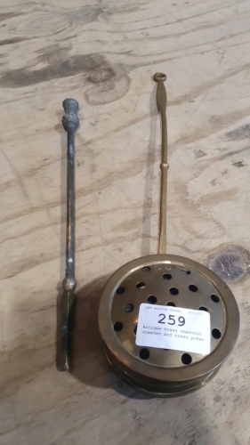 Antique brass chestnut roaster and brass poker