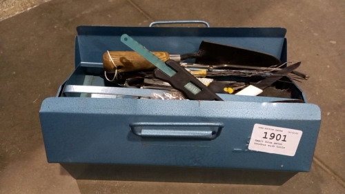 Small blue metal toolbox with tools