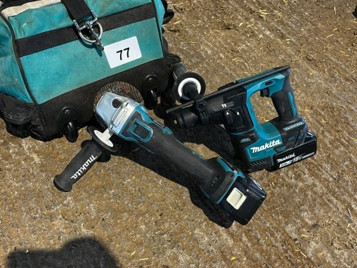 Makita 18v SDS drill; angle grinder with bag