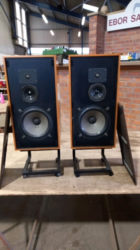 SMC AS40 floor standing hifi loud speakers with original stands c.1975 teak
