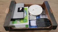 Box of alarms, 2 x USB notebook coolers, TV remotes and various other