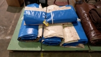 4 x blue and white PVC tarpaulin sheets, 26' x 16'