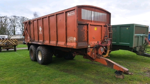 Larrington Majestic 18T trailer on flotation tyres, sprung drawbar, hydraulic back door with grain chute, air and hydraulic brakes, removable front window and lights