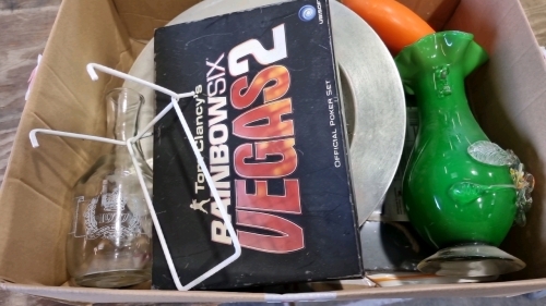 Box of bric a brac including Tom Clancy Vegas 2 Poker and Redfern Glass Queens Silver Jubilee caraffe