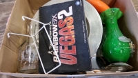 Box of bric a brac including Tom Clancy Vegas 2 Poker and Redfern Glass Queens Silver Jubilee caraffe