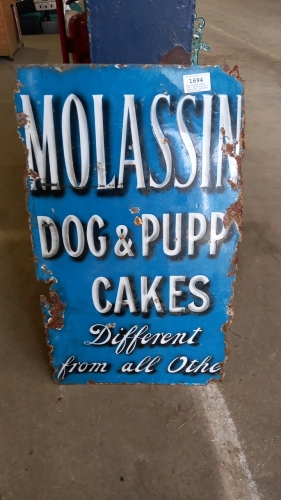 Rare vintage enamel sign ' Molassine Dog & Puppy Cakes. Different from all others ' Around 100 years old Approx 55 cm x 92 cm