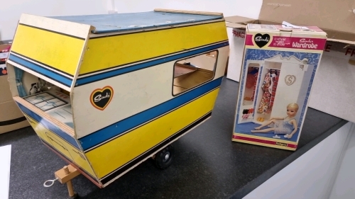 C.1970s Sindy doll caravan and Sindy wardrobe in original box