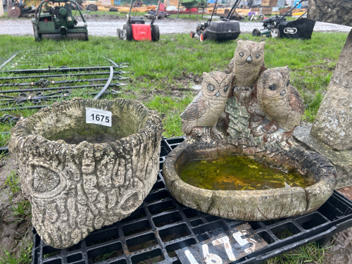 Owl bird bath and tree effect planter