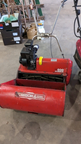 Morrison 600, 24' cylinder lawnmower with grass collection box.