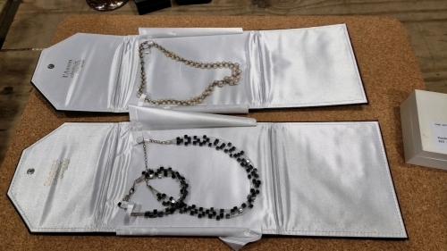 L'ansons Jewellers Harrogate, 2 quality costume jewellery in display wallets, pearl necklace, black/grey square beaded necklace and bracelet