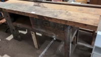 Large wooden garage workbench with drawers and Parkinson no. 16 vice