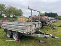 Indespension twin axle 8ft x 5ft tipping trailer, wire and bar in office