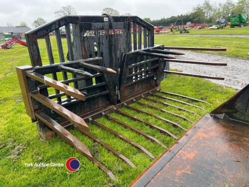 Strimech 12ft folding silage fork/buck rake, JCB/Volvo brackets