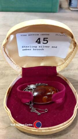 Sterling silver and amber brooch